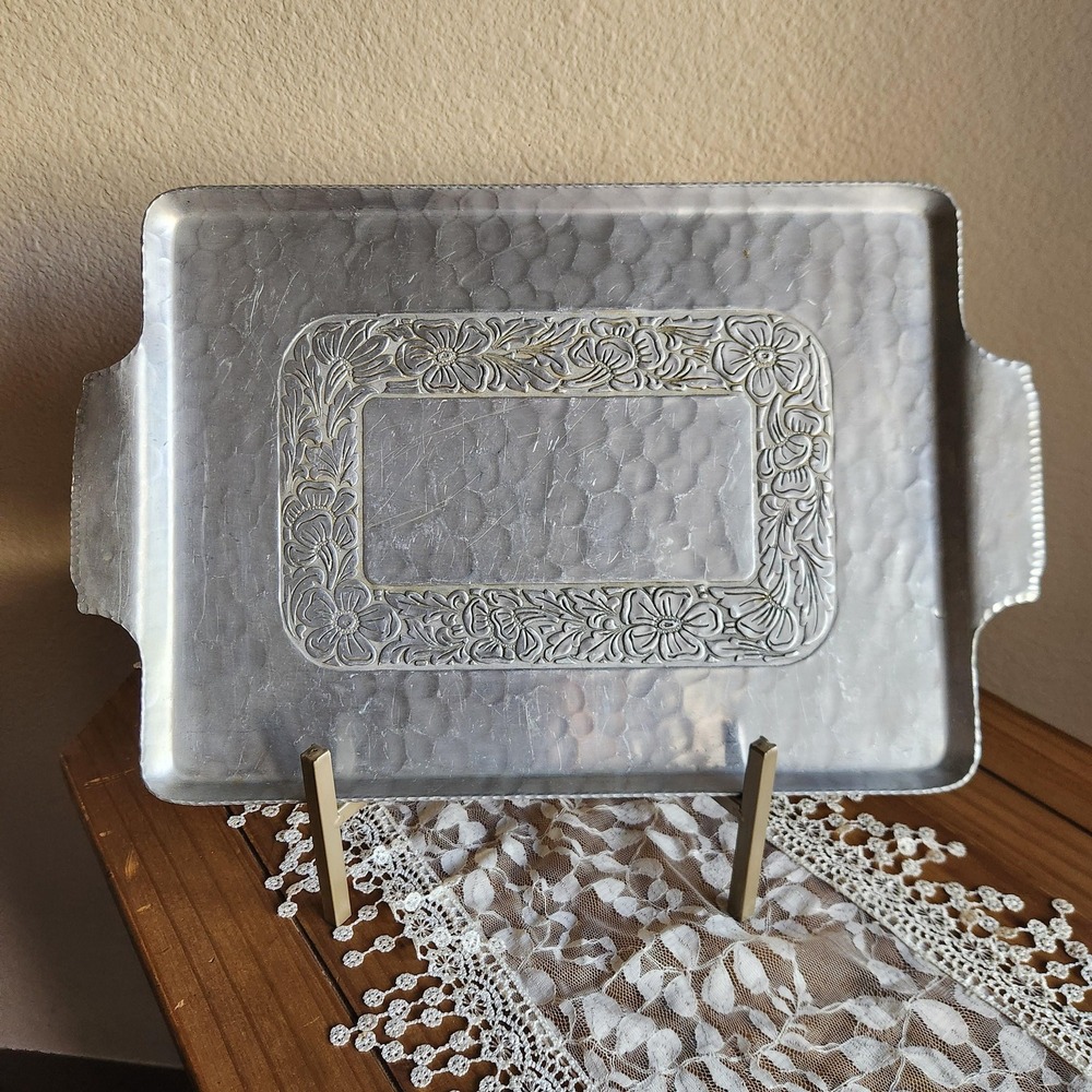 Vintage Forged Aluminum Tray by EMPC with Art Nouveau‎ Floral